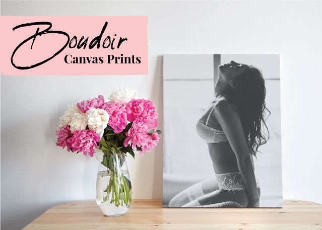 Photo of a canvas art print of a womans boudoir photo. This canvas boudoir photo print was made by Wall Nostalgia, a female owned business located in Calgary, Alberta, Canada