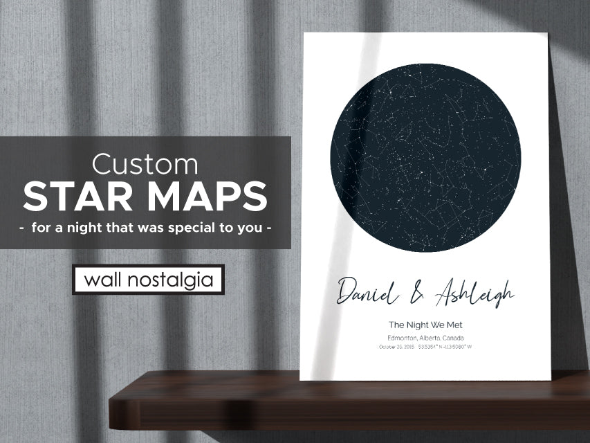 Custom star maps and personalize star maps prints that are canvas wall art. Made in Calgary, they chart the stars for a night that was special to you. Canvas wall art prints of personalized star maps for anniversary gift, wedding gift, baby gift.