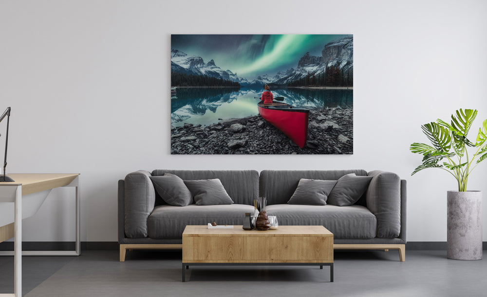 Large canvas wall art print of a red canoe with the mountains and northern lights in the background. Northern lights Canvas Wall Art Print | Northern lights print, Northern lights wall art, Aurora borealis print, Mountain print, Jasper print