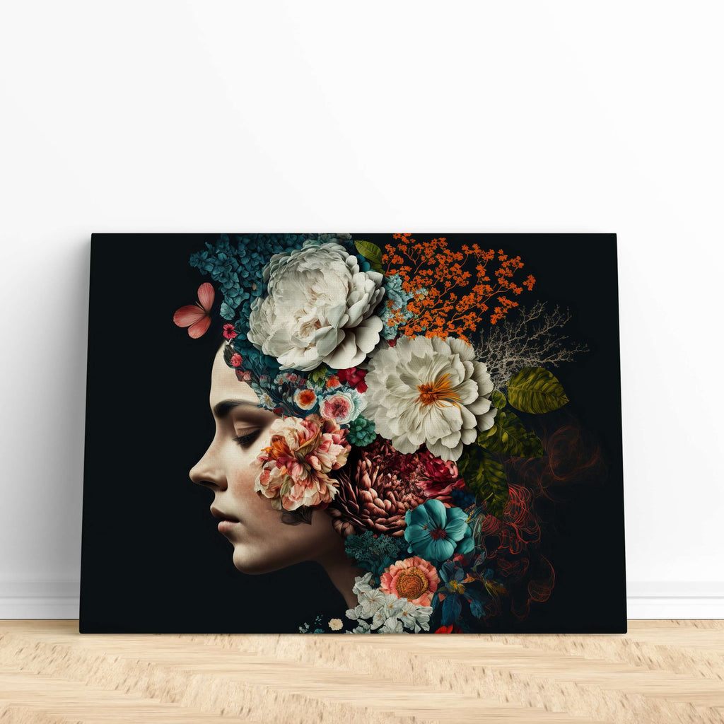 Woman with Flowers Print Canvas Wall Art | Flower head art print, Woman with flower head print, Flower head print, Floral head print, Womens