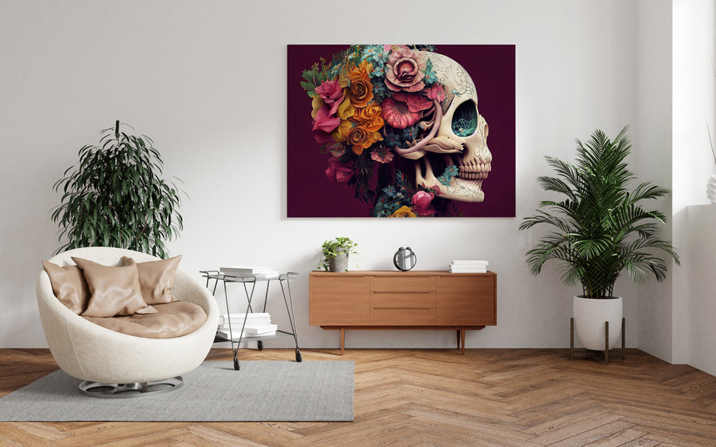 Living room decorated with a large canvas print of a sugar skull. Sugar skull print |  Sugar skull art, Sugar skull canvas wall art or rolled canvas art, Skull flower print, Calavera skull, Skull art decor