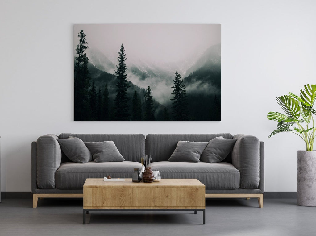 Foggy Mountain Forest Canvas Print | Canvas wall art print by Wall Nostalgia. FREE SHIPPING on all orders. Custom Canvas Art Prints, Made in Calgary, Canada | Large canvas Prints, Framed canvas prints, Foggy Forest Print, Canvas art print, Large canvas art, Foggy forest canvas, Foggy Forest Wall Art, Foggy Mountain Art