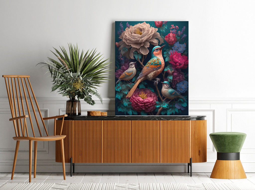 Fantasy Bird Print | Canvas wall art print by Wall Nostalgia. FREE SHIPPING on all orders. Custom Canvas Prints, Made in Calgary, Canada | Large canvas prints, AI generated, 3D art print, Bird Canvas Print, Bird Wall Art, Bird Art Print, Bird Canvas Wall Art, Bird Wall Art Print, Hummingbird Bird, Bird Wall Print Art