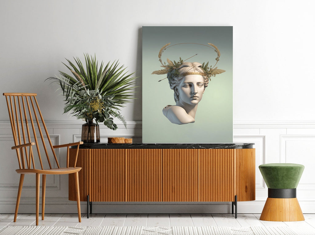 Mint Green Greek Statue Print | Canvas wall art print by Wall Nostalgia. FREE SHIPPING on all orders. Custom Canvas Prints, Made in Calgary, Canada | Large canvas prints, Greek goddess art print | Canvas wall art print, Greek goddess statue, Greek goddess print, Greek goddess art, goddess print, Goddess art