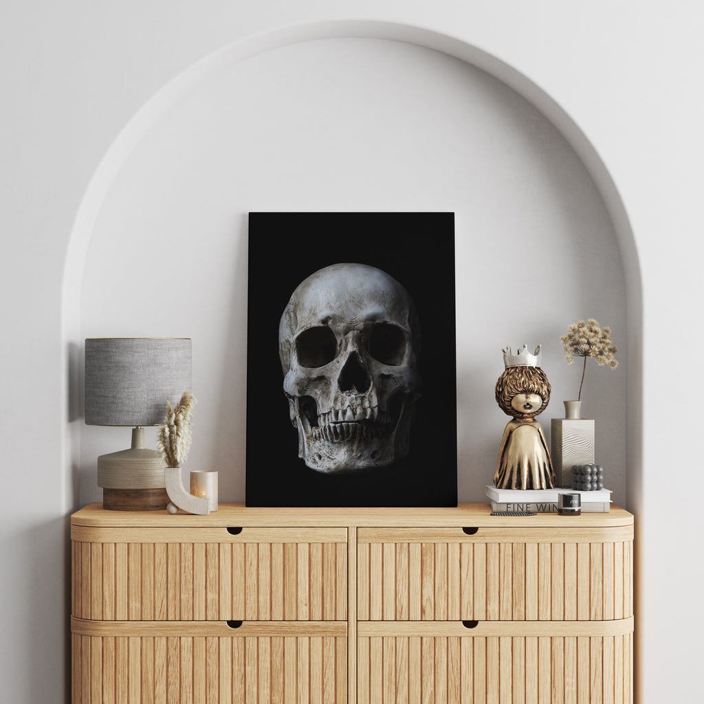 Black and White Skull Wall Art Canvas Print | Canvas wall art print by Wall Nostalgia. FREE SHIPPING on all orders. Custom Canvas Prints, Made in Calgary, Canada, Large canvas prints, framed canvas prints, Skull wall art, Skull wall decor, Skull art print, Skull canvas art, Black and white skull print, Tattoo art print