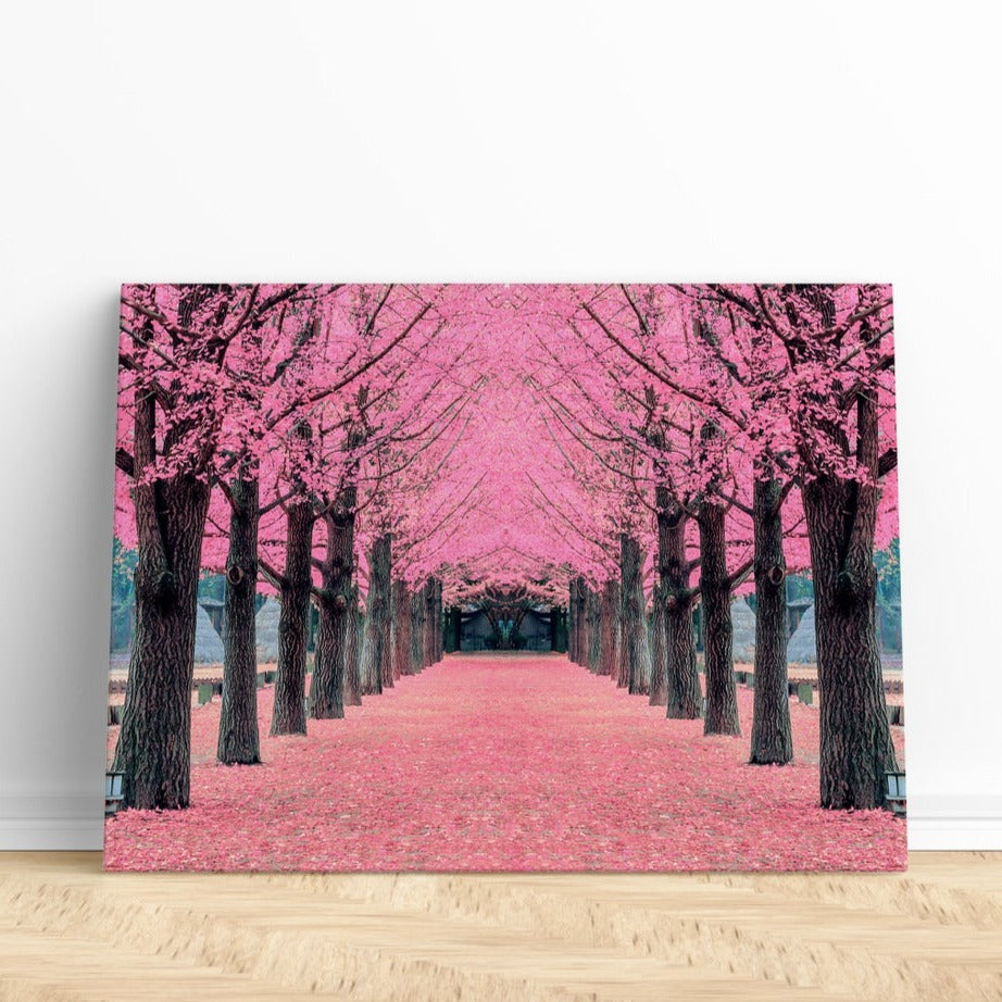 Cherry Blossom Tree Street Print | Canvas wall art print by Wall Nostalgia. FREE SHIPPING on all orders. Custom Canvas Prints, Made in Calgary, Canada, Large canvas prints, Cherry Blossom Canvas Wall Art Print | Canvas print, Cherry blossom print, Cherry blossom wall art, Cherry blossom art print, Pink wall art