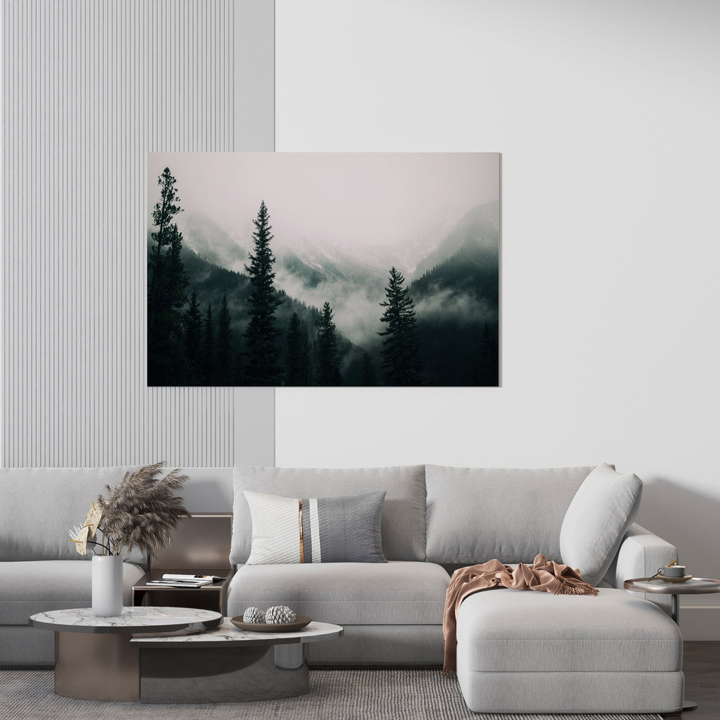 Foggy Mountain Forest Canvas Print | Canvas wall art print by Wall Nostalgia. FREE SHIPPING on all orders. Custom Canvas Art Prints, Made in Calgary, Canada | Large canvas Prints, Framed canvas prints, Foggy Forest Print, Canvas art print, Large canvas art, Foggy forest canvas, Foggy Forest Wall Art, Foggy Mountain Art