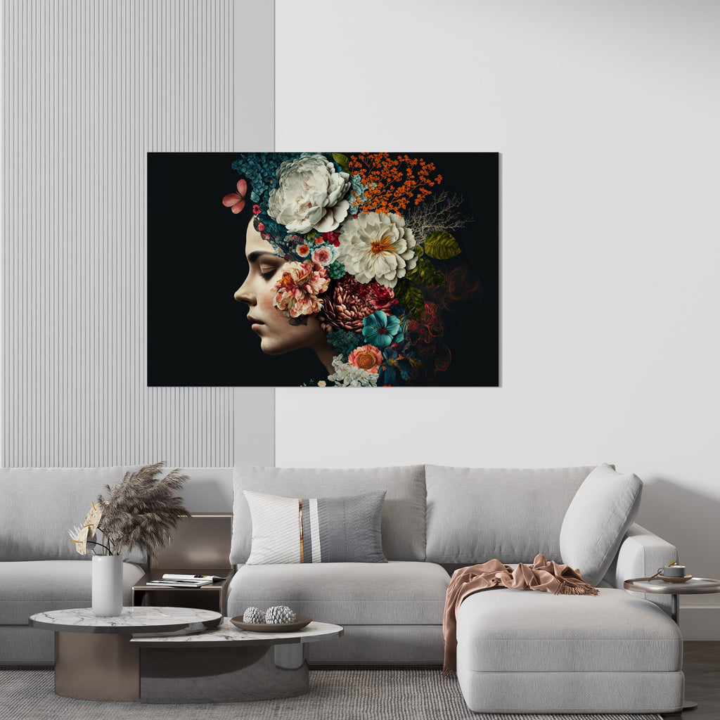 Woman Flower Hair Print | Canvas wall art print by Wall Nostalgia. FREE SHIPPING on all orders. Custom Canvas Prints, Made in Calgary, Canada | Large canvas prints, framed canvas prints, Woman with Flowers Print Canvas Wall Art | Flower head art print, Woman with flower head print, Flower head print, Floral head print