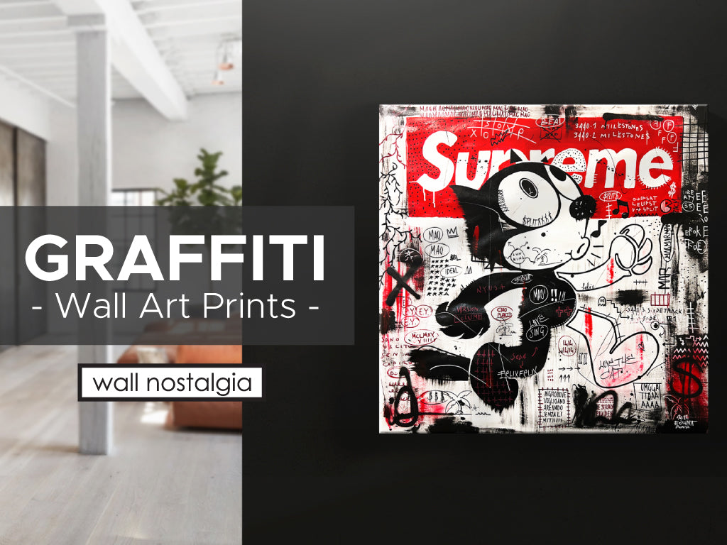 Felix the Cat Graffiti Art Print by Eghna available from Evoked Canada. This Supreme Felix the Cat graffiti art is a stunning square print that contrasts black, white and red graffiti art style.