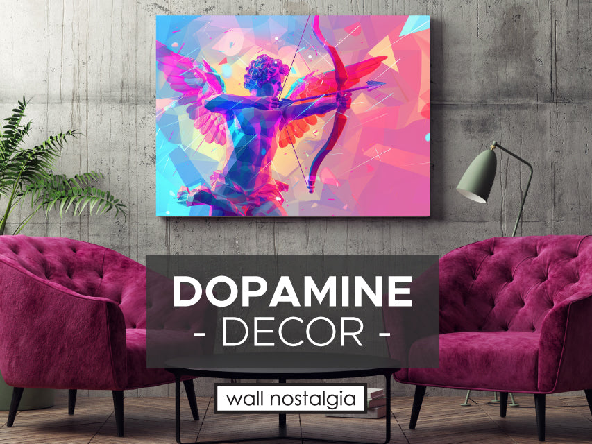 Picture of dopamine decor room with magenta chairs, concrete walls, and a large canvas art print of a bright colored geometric cupid