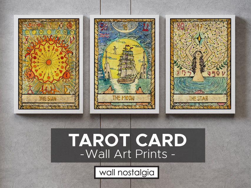 Canvas wall art prints of The Sun Tarot Card, The Moon Tarot Card and The Star Tarot Card. These canvas wall art prints of tarot cards in the major and minor arcana deck are made by Wall Nostalgia in Canada