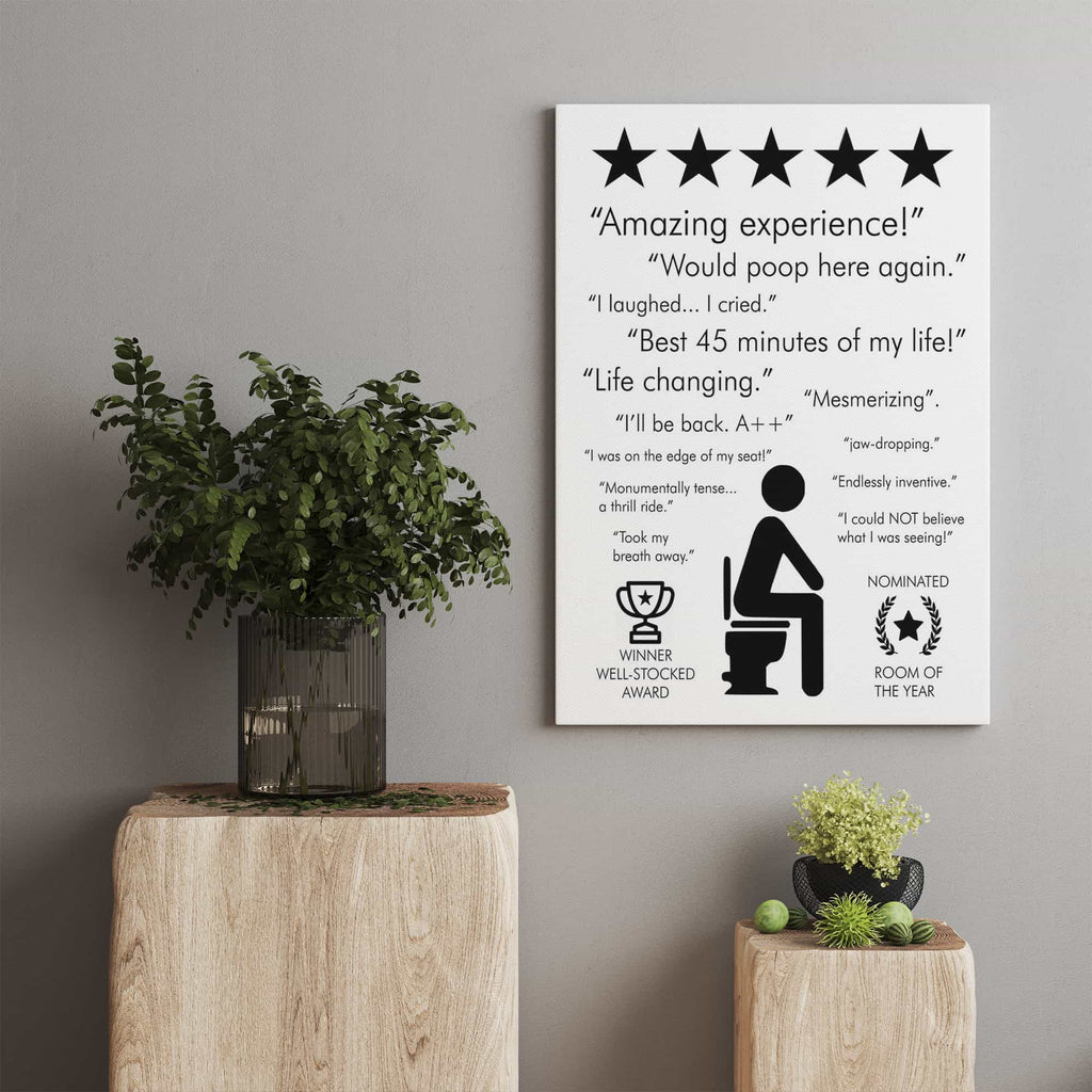 Bathroom Review Canvas Print | Canvas wall art print by Wall Nostalgia. Custom Canvas Prints, Made in Calgary, Canada | Large canvas print, framed canvas prints, bathroom review art print canada, bathroom review poster, bathroom review sign, bathroom art prints, bathroom art ideas, bathroom art, bathroom wall art print