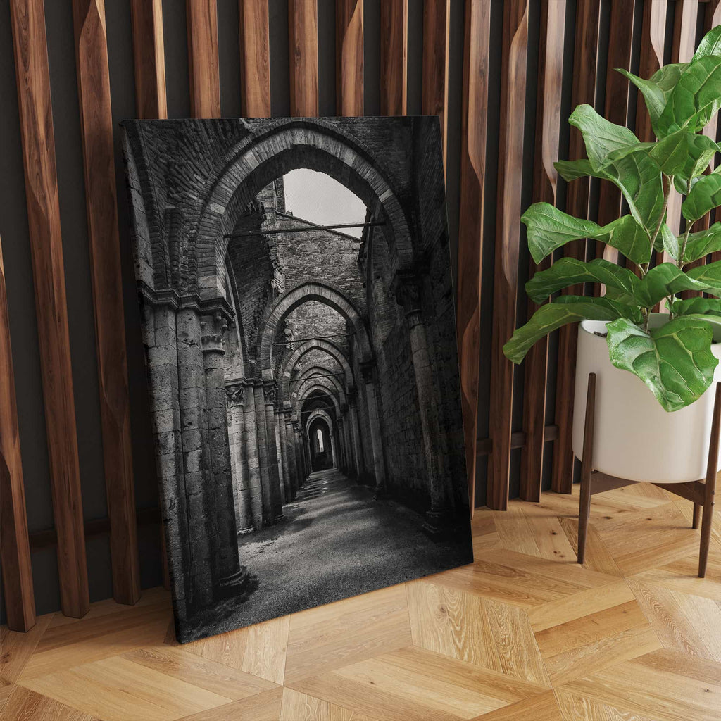 Stonework Corridors Canvas Print | Canvas wall art print by Wall Nostalgia. Custom Canvas Prints, Made in Calgary, Canada | Large canvas prints, Architecture Canvas Print, Door Print, Door Canvas Wall Art, Architecture Print, Architecture Art Print, Black and White Wall Art of Doorway, Black and White Photo Print