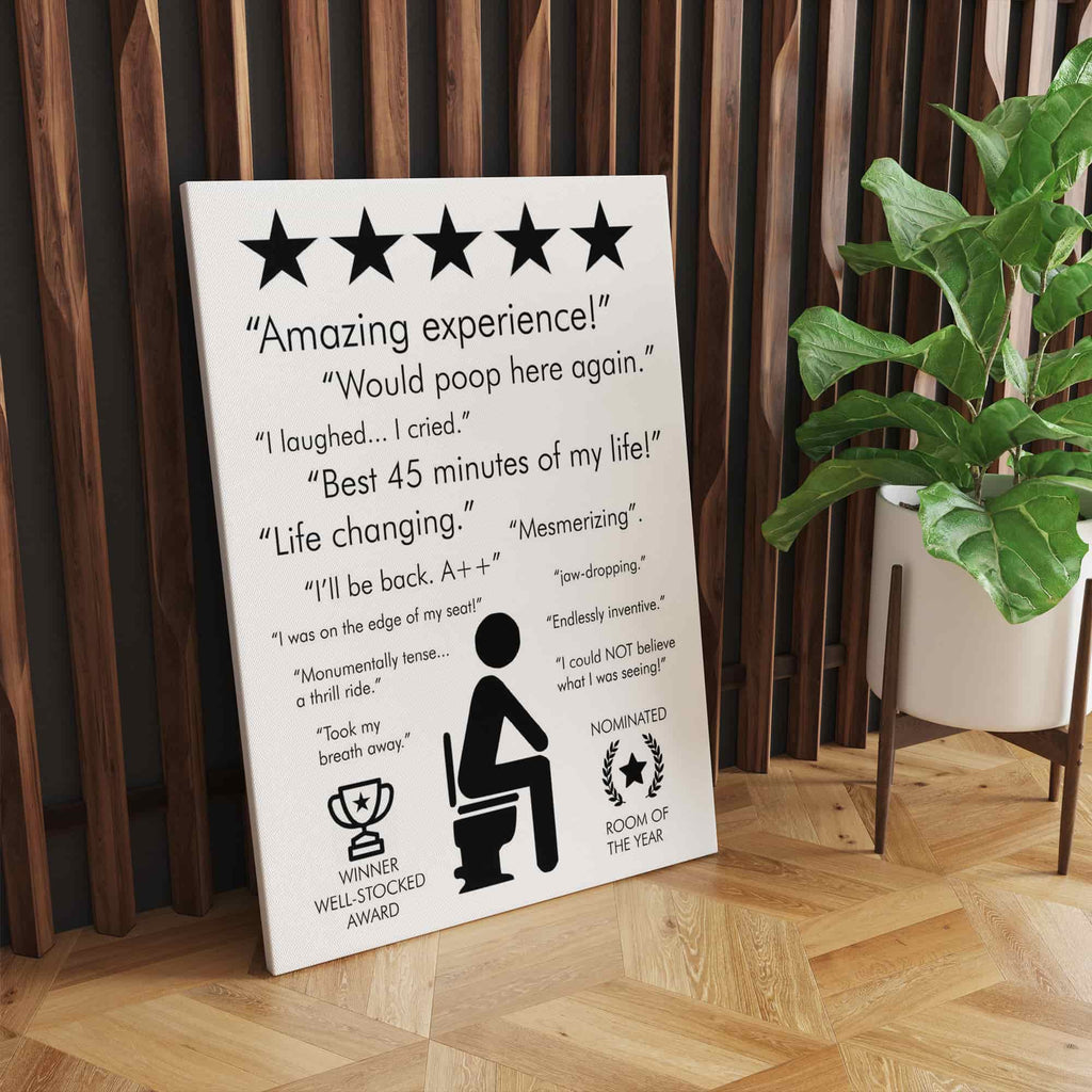 Bathroom Review Canvas Print | Canvas wall art print by Wall Nostalgia. Custom Canvas Prints, Made in Calgary, Canada | Large canvas print, framed canvas prints, bathroom review art print canada, bathroom review poster, bathroom review sign, bathroom art prints, bathroom art ideas, bathroom art, bathroom wall art print