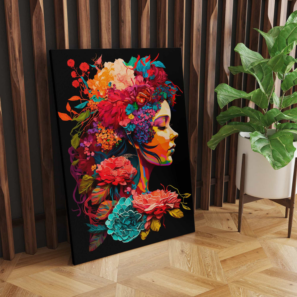 Flower Woman Print | Canvas wall art print by Wall Nostalgia. Custom Canvas Prints, Made in Calgary, Canada | Large canvas prints, framed canvas prints, Flower Woman Canvas Print | Feminine Wall Art, Girly Wall Art, Flower Head Art, Flower Head Woman, Flower Head Wall Art, Floral Art Print, Floral Head Print, Flowers