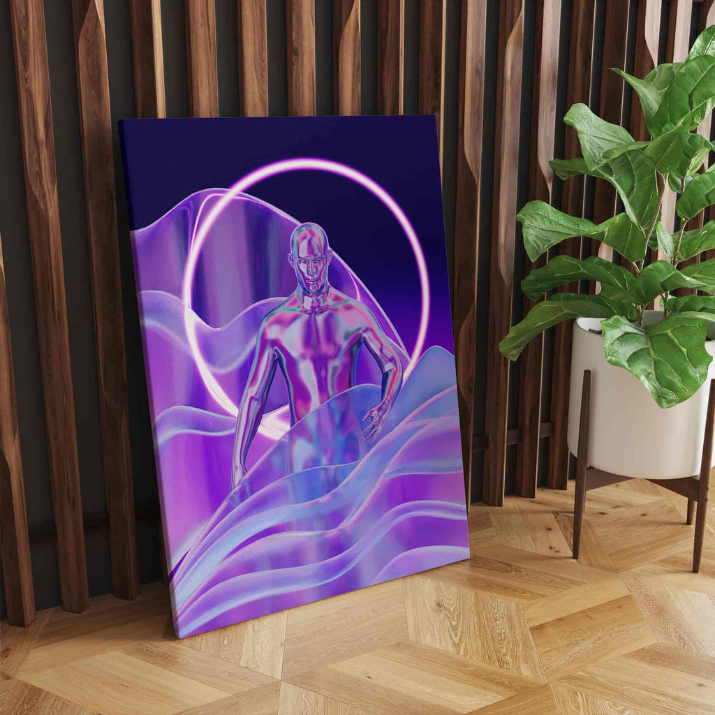 Holograph Man Synthwave Canvas Art Print | Canvas wall art print by Wall Nostalgia. Custom Canvas Prints, Made in Calgary, Canada | Large canvas prints, framed canvas prints, retrowave prints, Synthwave Holographic Art Print, Synthwave Canvas, Synthwave Art, Vaporwave Print, Vaporwave Wall Art, Vaporwave Canvas Art