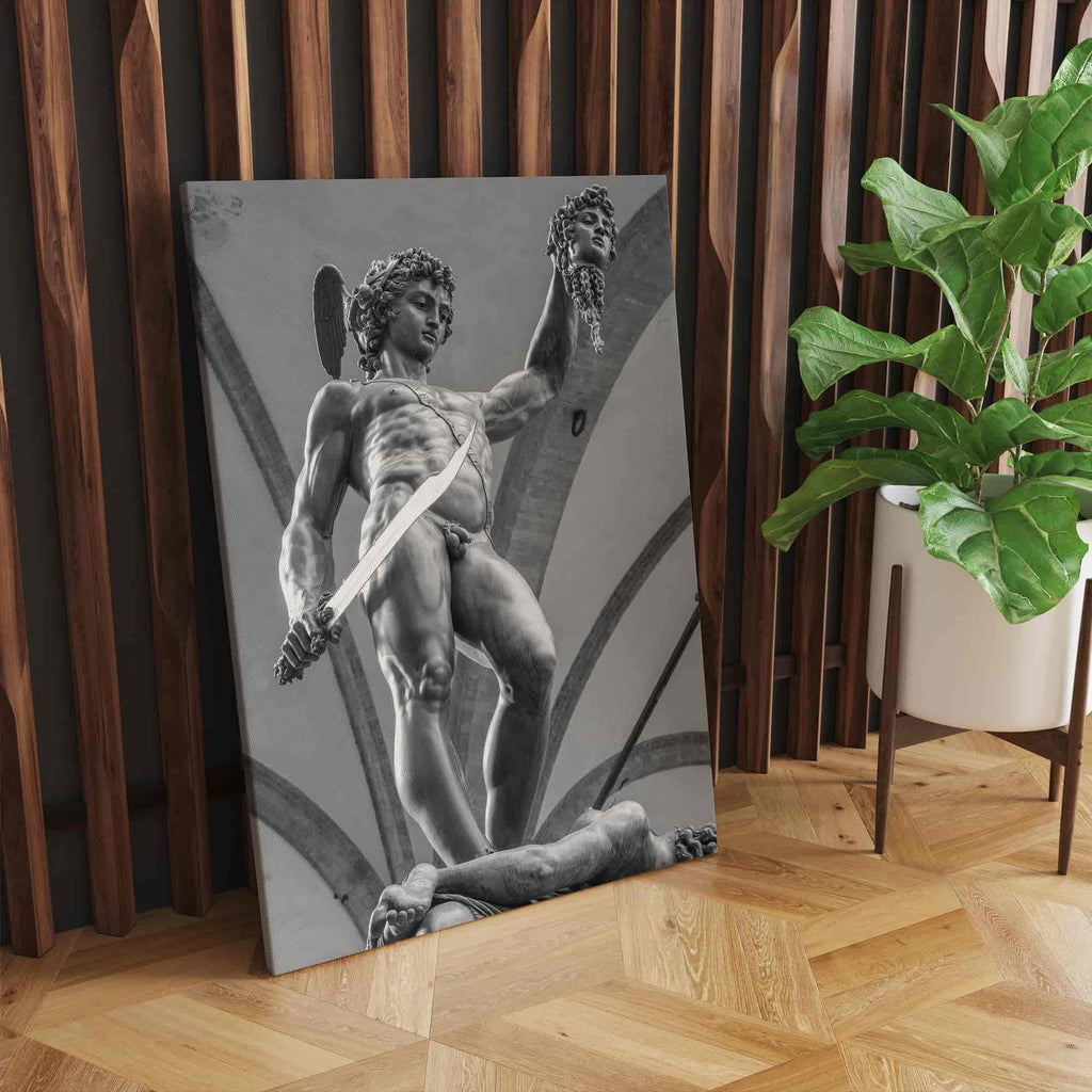 Perseus Print | Canvas wall art print by Wall Nostalgia. Custom Canvas Prints, Made in Calgary, Canada | Large canvas prints, framed canvas prints, Perseus and Medusa Canvas Print | Black and White Perseus Art Print, Greek Statue Wall Art, Greek Statue Print, Greek Art Print, Greek Print, Perseus and Medusa Wall Art