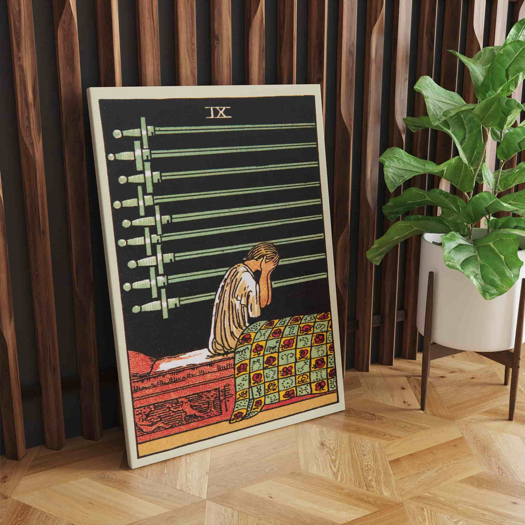 Nine of Swords Tarot Card Canvas Print | Canvas wall art print by Wall Nostalgia. Custom Canvas Prints, Made in Calgary, Canvas wall art canada, Tarot Cards Printing Canada, Tarot Card Art Prints, Tarot Card canvas art, tarot card art, Tarot Cards Canada, Tarot Card Pictures, canvas prints Canada, nine of swords tarot