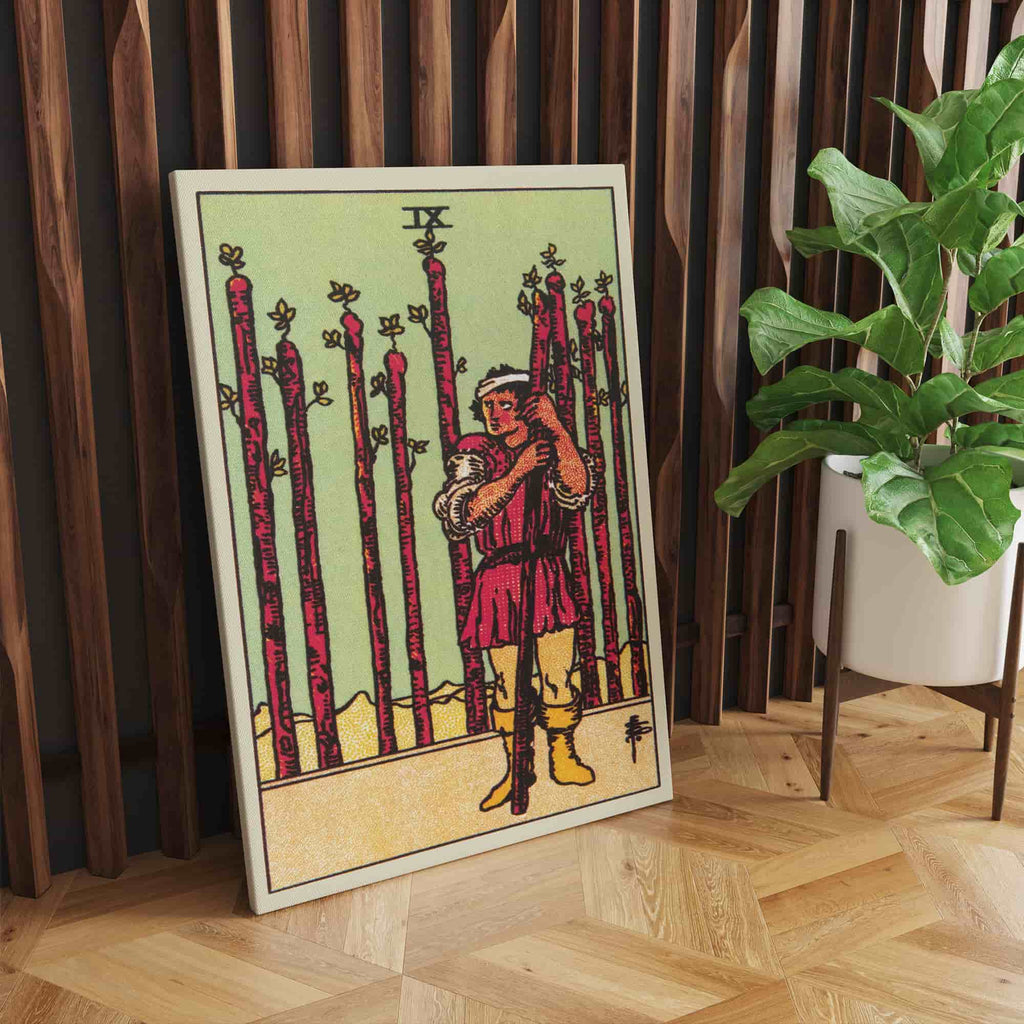 Nine of Wands Tarot Card Canvas Print | Canvas wall art print by Wall Nostalgia. Custom Canvas Prints, Made in Calgary, Canvas wall art canada, Tarot Cards Printing Canada, Nine of Wands Tarot Card Art Prints, Tarot Card canvas art, tarot card art, Tarot Cards Canada, Tarot Card Pictures, canvas prints Canada, wall art