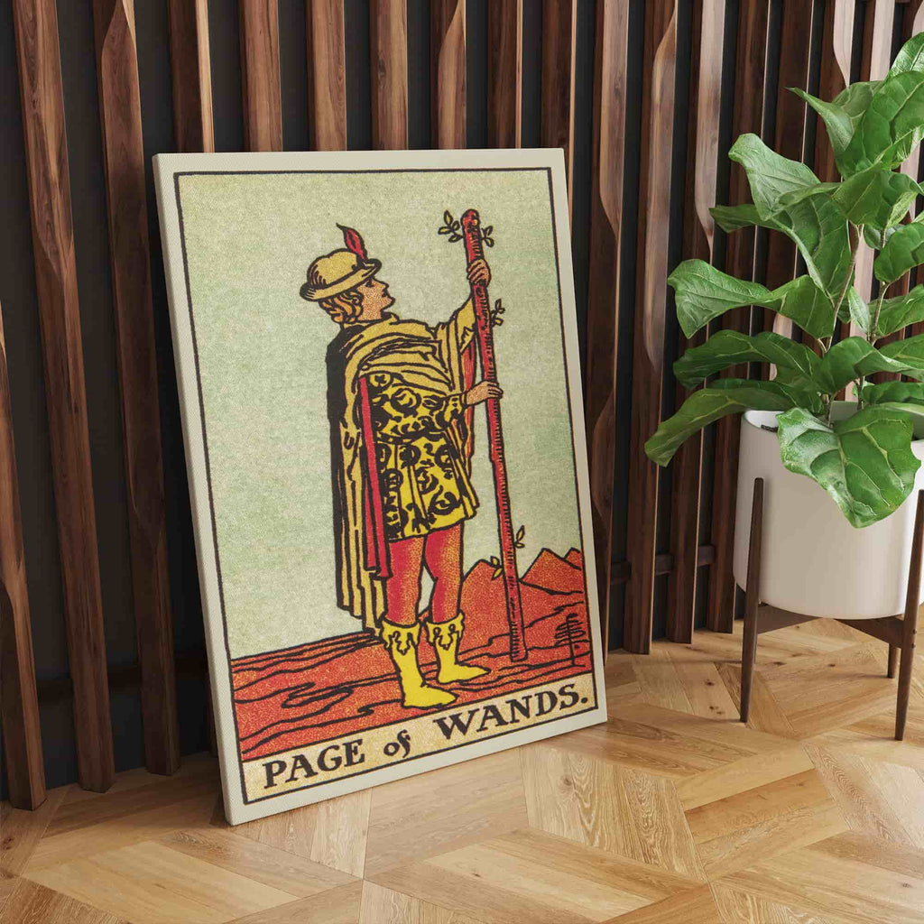 Page of Wands Tarot Card Canvas Print | Canvas wall art print by Wall Nostalgia. Custom Canvas Prints, Made in Calgary, Canvas wall art canada, Tarot Cards Printing Canada, Tarot Card Art Prints, Tarot Card canvas art, page of wands tarot card art, Tarot Cards Canada, Tarot Card Pictures, canvas prints Canada