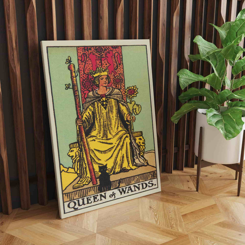 Queen of Wands Tarot Card Canvas Print | Canvas wall art print by Wall Nostalgia. Custom Canvas Prints, Made in Calgary, Canvas wall art canada, Tarot Cards Printing Canada, Tarot Card Art Prints, Tarot Card canvas art, queen of wands tarot card art, Tarot Cards Canada, Tarot Card Pictures, canvas prints Canada
