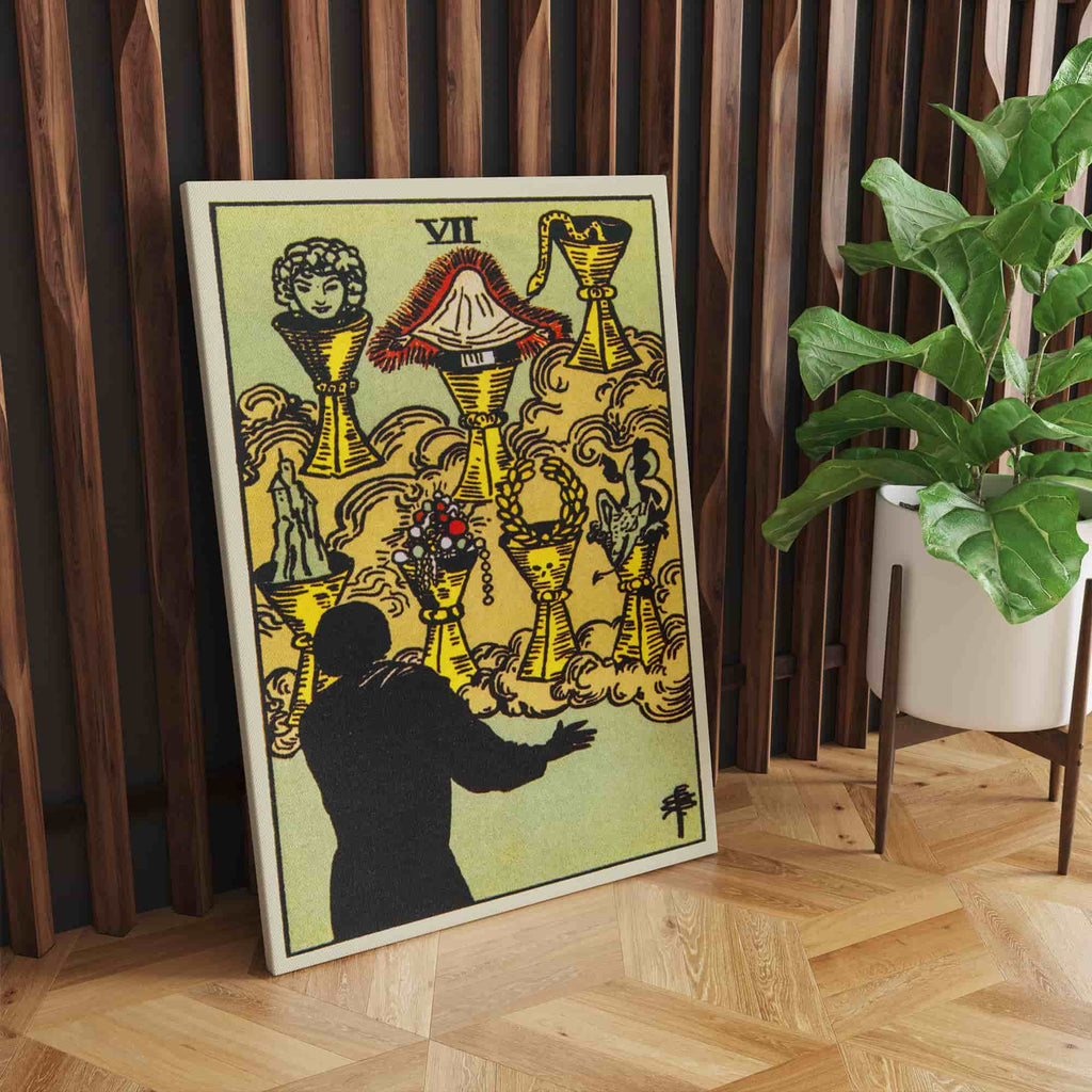 Seven of Cups Tarot Card Canvas Print | Canvas wall art prints by Wall Nostalgia. Custom canvas prints made in Calgary, canvas wall art canada, tarot cards printing Canada, tarot card art prints, tarot card canvas art, seven of cups tarot card art, tarot cards canada, tarot card pictures, canvas prints Canada wall art