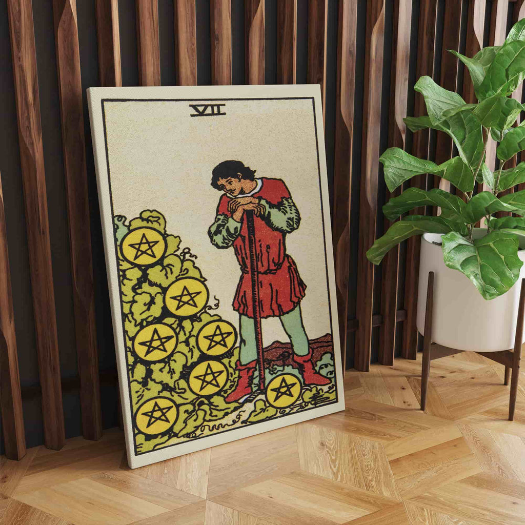 Seven of Pentacles Tarot Card Canvas Print | Canvas wall art prints by Wall Nostalgia. Custom canvas prints made in Calgary, canvas wall art canada, tarot cards printing Canada, tarot card art prints, tarot card canvas art, seven of pentacles tarot card art, tarot cards canada, tarot card pictures, canvas prints Canada