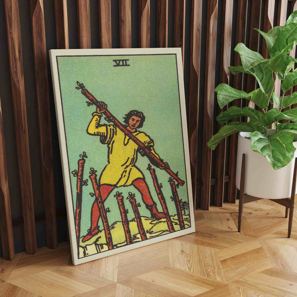 Seven of Wands Tarot Card Canvas Print | Canvas wall art prints by Wall Nostalgia. Custom canvas prints made in Calgary, canvas wall art canada, tarot cards printing Canada, tarot card art prints, tarot card canvas art, seven of wands tarot card art, tarot cards canada, tarot card pictures, canvas prints Canada, tarot