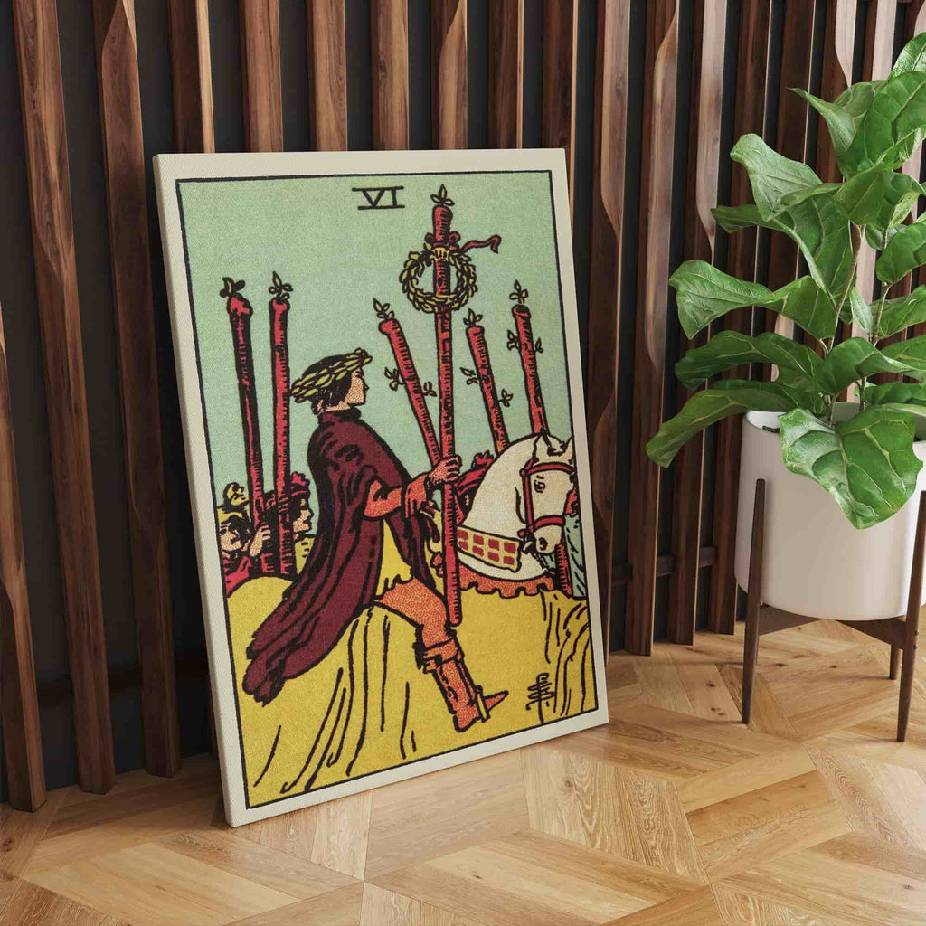 Six of Wands Tarot Card Canvas Print | Canvas wall art prints by Wall Nostalgia. Custom canvas prints made in Calgary, canvas wall art canada, tarot cards printing Canada, six of wands tarot card art print, tarot card canvas art, six of wands tarot card art, tarot cards canada, tarot card pictures, canvas prints Canada