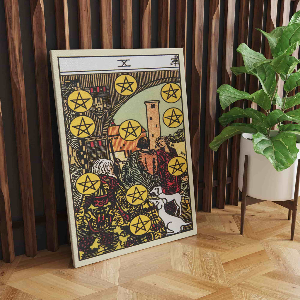 Ten of Pentacles Tarot Card Canvas Print | Canvas wall art prints by Wall Nostalgia. Custom canvas prints made in Calgary, canvas wall art canada, tarot cards printing Canada, ten of pentacles tarot card art prints, tarot card canvas art, tarot card art, tarot cards canada, tarot card pictures, canvas prints Canada
