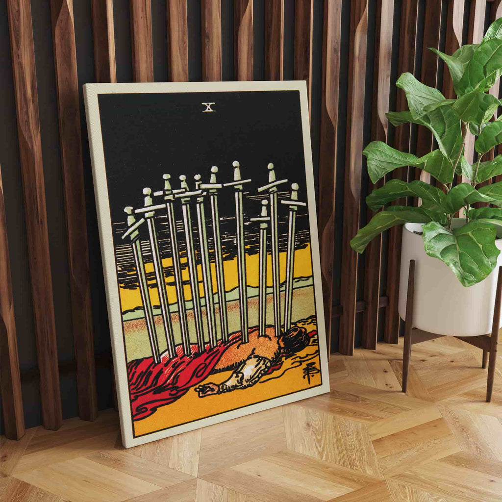 Ten of Swords Tarot Card Canvas Print | Canvas wall art prints by Wall Nostalgia. Custom canvas prints made in Calgary, canvas wall art canada, tarot cards printing Canada, ten of swords tarot card art print, tarot card canvas art, tarot card art, tarot cards canada, tarot card pictures, tarot card canvas prints Canada