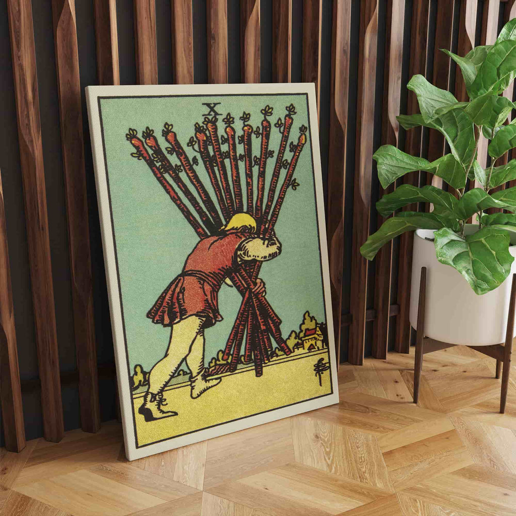 Ten of Wands Tarot Card Canvas Print | Canvas wall art prints by Wall Nostalgia. Custom canvas prints made in Calgary, canvas wall art canada, tarot card printing Canada, ten of wands tarot card art prints, ten of wands tarot card canvas art, tarot card art, tarot cards canada, tarot card pictures, canvas prints Canada