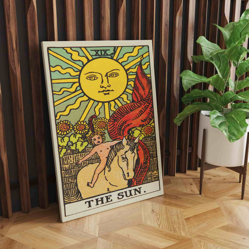 The Sun Tarot Card Canvas Print | Canvas wall art prints by Wall Nostalgia. Custom canvas prints made in Calgary, canvas wall art canada, tarot cards printing Canada, the sun tarot card art prints, the sun tarot card canvas art, the sun tarot card art, tarot cards canada, sun tarot card pictures, canvas prints Canada