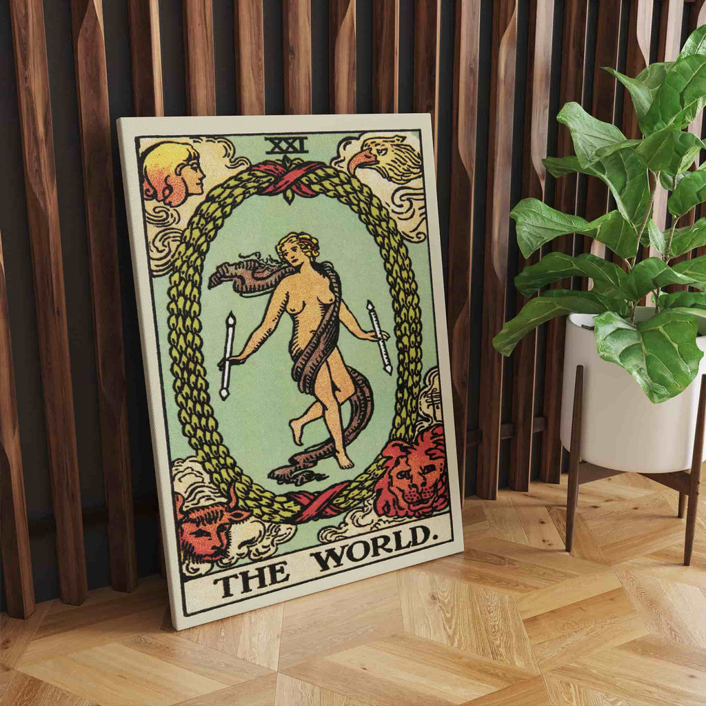 The World Tarot Card Canvas Print | Canvas wall art prints by Wall Nostalgia. Custom canvas prints made in Calgary, canvas wall art canada, tarot cards printing Canada, the world tarot card art prints, world tarot card canvas art, the world tarot card art, tarot cards canada, tarot card pictures, canvas prints Canada