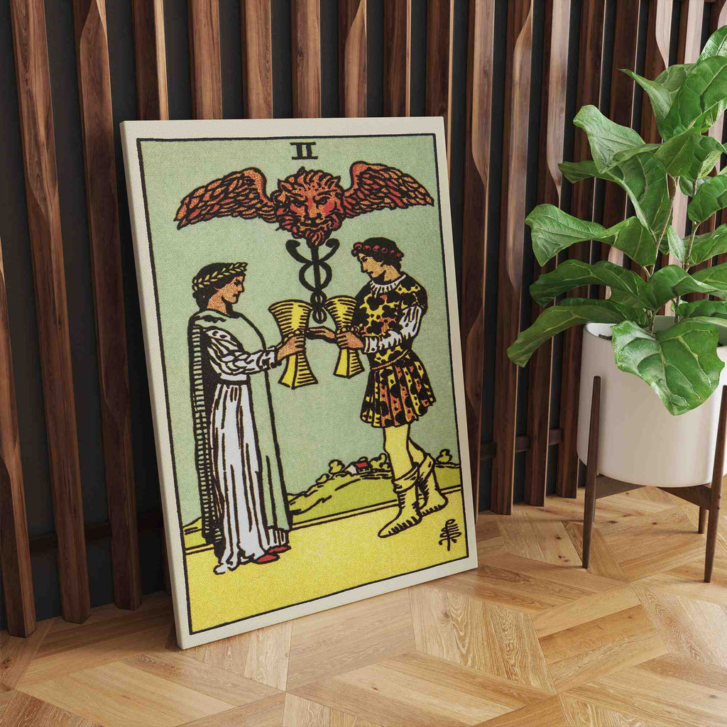 Two of Cups Tarot Card Canvas Print | Canvas wall art prints by Wall Nostalgia. Custom canvas prints made in Calgary, canvas wall art canada, tarot cards printing Canada, tarot card art prints, two of cups tarot card canvas art, two of cups tarot card art, tarot cards canada, tarot card pictures, canvas prints Canada