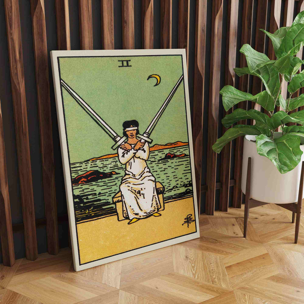 Two of Swords Tarot Card Canvas Print | Canvas wall art prints by Wall Nostalgia. Custom canvas prints, canvas wall art canada, tarot cards printing Canada, tarot card art prints, two of swords tarot card canvas art, two of swords tarot card art, tarot cards canada, tarot card pictures, canvas prints Canada