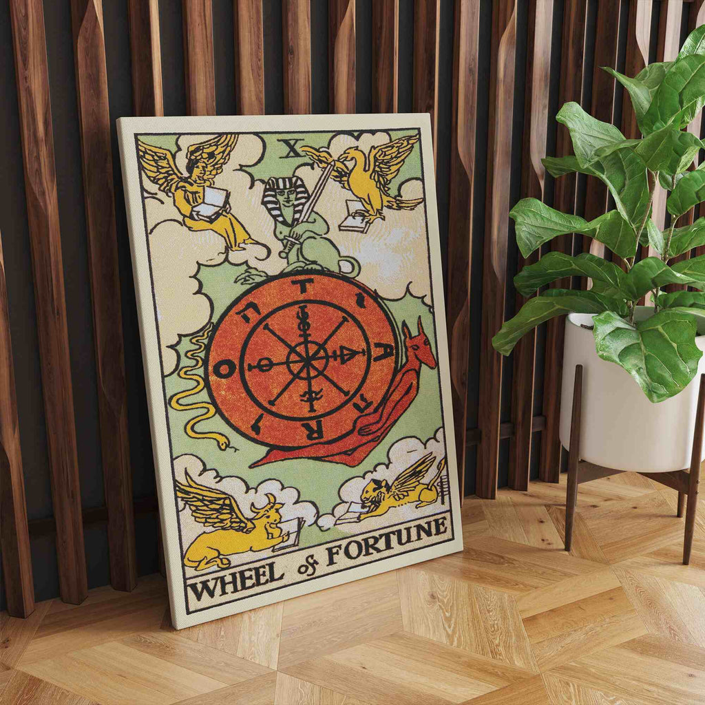 Wheel of Fortune Tarot Card Canvas Print | Canvas wall art prints by Wall Nostalgia. Custom canvas prints made in Calgary, canvas wall art canada, tarot cards printing Canada, tarot card art prints, wheel of fortune tarot card canvas art, tarot card art, tarot cards canada, tarot card pictures, canvas prints Canada