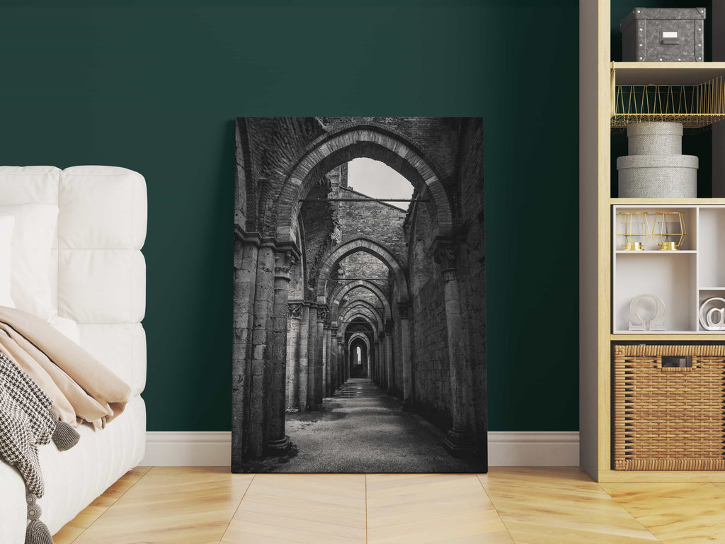 Stonework Corridors Canvas Print | Canvas wall art print by Wall Nostalgia. Custom Canvas Prints, Made in Calgary, Canada | Large canvas prints, Architecture Canvas Print, Door Print, Door Canvas Wall Art, Architecture Print, Architecture Art Print, Black and White Wall Art of Doorway, Black and White Photo Print