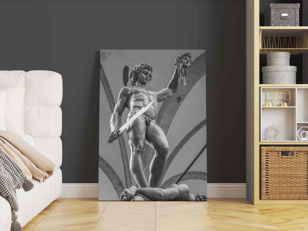 Perseus Print | Canvas wall art print by Wall Nostalgia. Custom Canvas Prints, Made in Calgary, Canada | Large canvas prints, framed canvas prints, Perseus and Medusa Canvas Print | Black and White Perseus Art Print, Greek Statue Wall Art, Greek Statue Print, Greek Art Print, Greek Print, Perseus and Medusa Wall Art