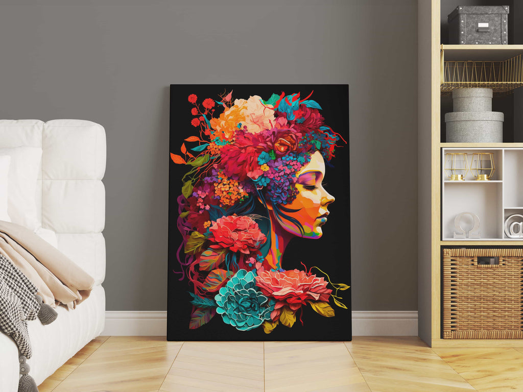 Flower Woman Print | Canvas wall art print by Wall Nostalgia. Custom Canvas Prints, Made in Calgary, Canada | Large canvas prints, framed canvas prints, Flower Woman Canvas Print | Feminine Wall Art, Girly Wall Art, Flower Head Art, Flower Head Woman, Flower Head Wall Art, Floral Art Print, Floral Head Print, Flowers