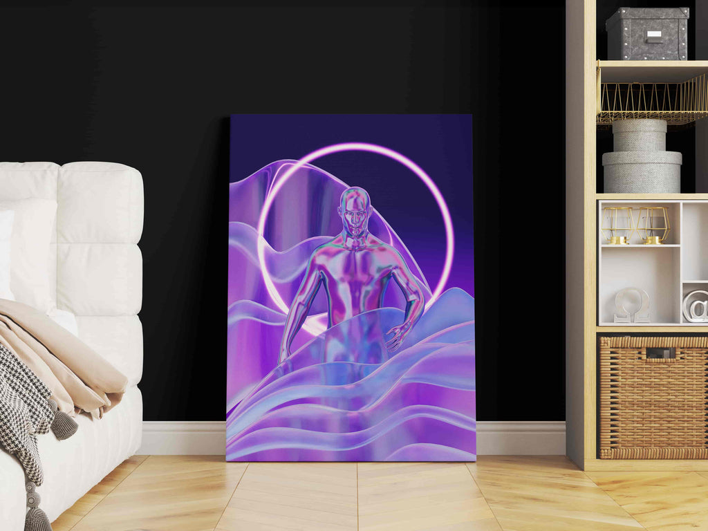 Holograph Man Synthwave Canvas Art Print | Canvas wall art print by Wall Nostalgia. Custom Canvas Prints, Made in Calgary, Canada | Large canvas prints, framed canvas prints, retrowave prints, Synthwave Holographic Art Print, Synthwave Canvas, Synthwave Art, Vaporwave Print, Vaporwave Wall Art, Vaporwave Canvas Art