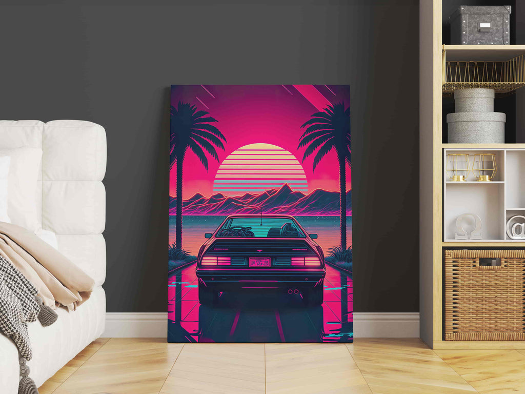 Retro Synthwave Car Print | Canvas wall art print by Wall Nostalgia. Custom Canvas Prints, Made in Calgary, Canada | Large canvas prints, framed canvas prints, Retro Synthwave Canvas Print, Synthwave Wall Art, Synthwave Canvas, Synthwave Art, Vaporwave Print, Vaporwave Wall Art, Vaporwave Canvas Art, Retro vaporwave