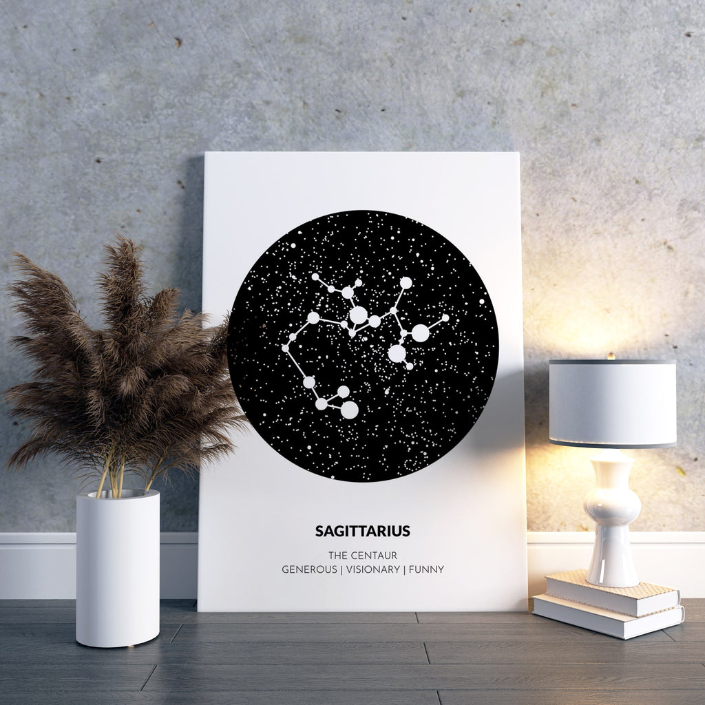Create your own custom zodiac constellation print map or canvas wall art decor by charting the stars using your birth date. Include personalized details such as personality traits, birthstone, planet, and element to your design to truly make it yours! Made in Canada, Wall Nostalgia Star Maps are the perfect gift!
