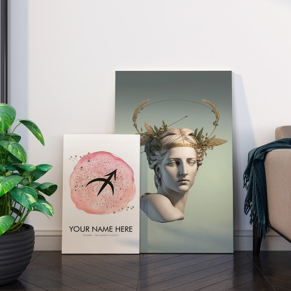 Our customizable zodiac watercolor prints let you create personalized wall art using a birth date and location. Four design styles to choose from: zodiac symbol, zodiac constellation map, realistic, and childish. The zodiac constellation print maps can be ready-to-hang canvas wall art, a framed print, or rolled print.