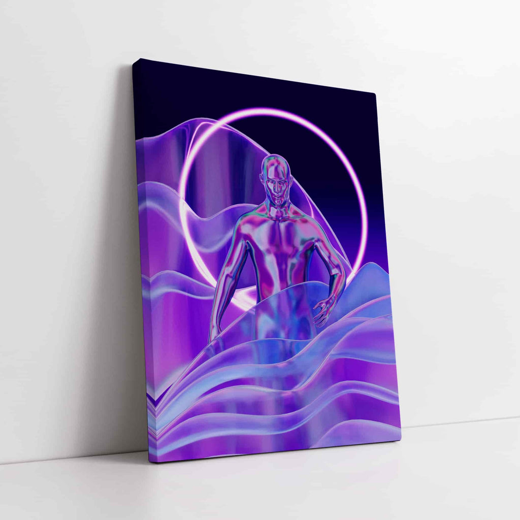 Holograph Man Synthwave Canvas Art Print | Canvas wall art print by Wall Nostalgia. Custom Canvas Prints, Made in Calgary, Canada | Large canvas prints, framed canvas prints, retrowave prints, Synthwave Holographic Art Print, Synthwave Canvas, Synthwave Art, Vaporwave Print, Vaporwave Wall Art, Vaporwave Canvas Art