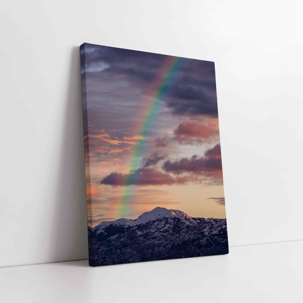 Mountain Rainbow Canvas Art Print | Canvas wall art print by Wall Nostalgia. Custom Canvas Prints, Made in Calgary, Canada | Large canvas prints, framed canvas prints, Rainbow Canvas Print, Mountain Landscape, Mountain Wall Art, Feminine Wall Art, Rainbow Mountain Print, Calm Wall Art Prints, Rainbow Print, Rainbow Art