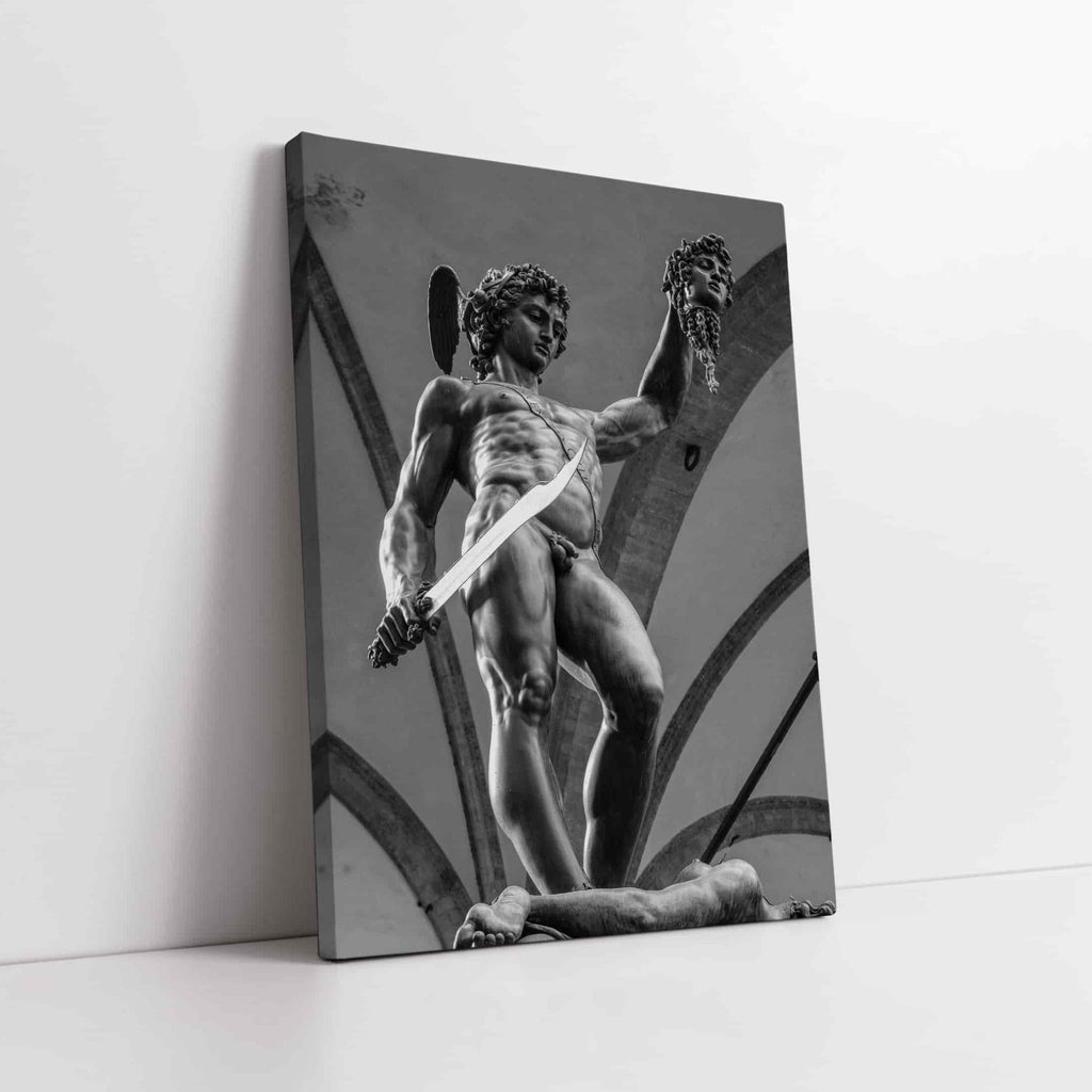 Perseus Greek Mythology Perseus Print | Canvas wall art print by Wall Nostalgia. Custom Canvas Prints, Made in Calgary, Canada | Large canvas prints, framed canvas prints, Perseus and Medusa Canvas Print | Black and White Perseus Art Print, Greek Statue Wall Art, Greek Statue Print, Greek Art Print, Greek Print, Perseus and Medusa Wall Art