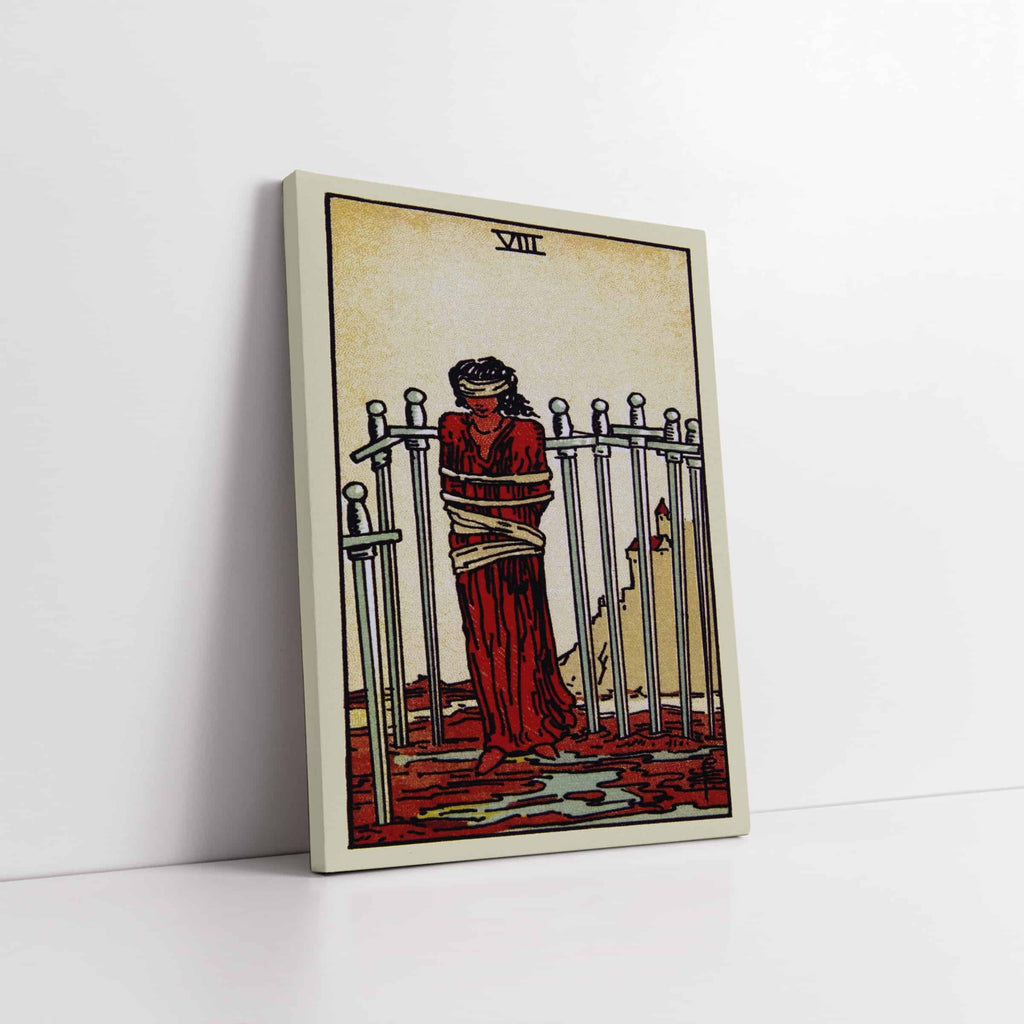 Eight of Swords Tarot Card Art Print | Canvas wall art print by Wall Nostalgia. Custom Canvas Prints, Made in Calgary, Canvas wall art canada, Tarot Cards Printing Canada, Tarot Card Art Prints, Tarot Card canvas art, tarot card art, Tarot Cards Canada, Tarot Card Pictures, canvas prints canada, Eight of Swords Tarot 