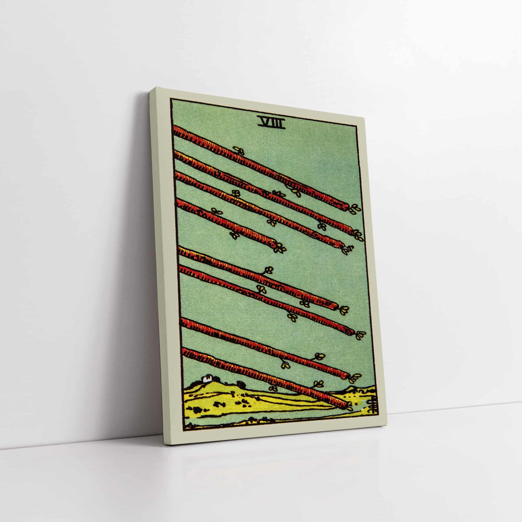 Eight of Wands Tarot Card Art Print | Canvas wall art print by Wall Nostalgia. Custom Canvas Prints, Made in Calgary, Canvas wall art canada, Tarot Cards Printing Canada, Tarot Card Art Print, Tarot Card canvas art, tarot card art, Tarot Cards Canada, Tarot Card Pictures, canvas prints canada, eight of wands tarot card
