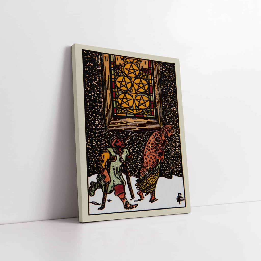 Five of Pentacles Tarot Card Art Print | Canvas wall art print by Wall Nostalgia. Custom Canvas Prints, Made in Calgary, Canvas wall art canada, Tarot Cards Printing Canada, Tarot Card Art Prints, Tarot Card canvas art, tarot card art, Tarot Cards Canada,  five of pentacles Tarot Card Pictures, canvas prints canada